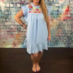 JODIFL Light Blue Embroidered Ruffle Sleeve Dress